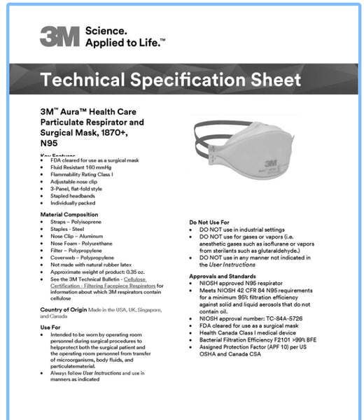 3M 1870+ N95 respirator surgical mask. 20pcs/pack