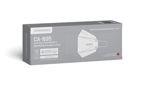 N95 FLAT-3FOLD MASKS.4 layers. 10pc/pack.Made in Canada - Large/Medium/XSmall.. Black/white.